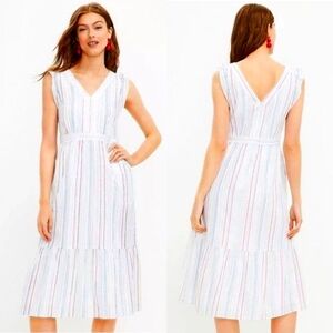 LOFT White Metallic Shimmer Stripe Ruffle Midi Pocket Dress